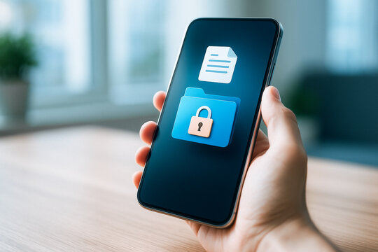 Mobile Phone Security: A secure mobile phone displaying a lock icon over a file, symbolizing data protection and digital privacy.