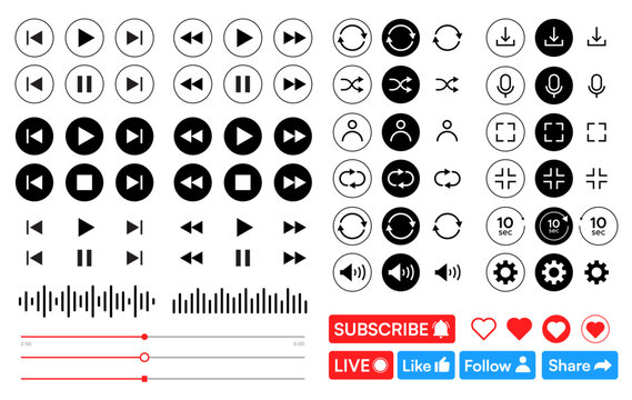 set of Black and white media control icons vector with transparent PNG background, multimedia interface buttons including play pause rewind skip forward settings volume sliders shuffle loop	
