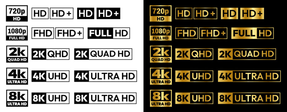 Ultra Hd icon collection. 720p, 1080p, 2K, 4K and 8K symbol of High Definition monitor display resolution standard. Label for device screen. Vector illustration