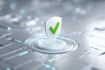 Glowing digital shield with green checkmark floating in a clean 3D space.