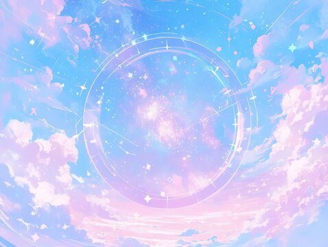 Dreamy Watercolor Sky with Pastel Clouds and Stardust, Ethereal Celestial Background in Pink-Purple-Blue
