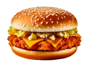 CRISPY CHEESY CHICKEN PATTY BURGER ON WHITE PNG