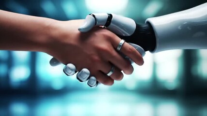 Human and robot handshake symbolizes future collaboration and innovation in technology - Powered by Adobe