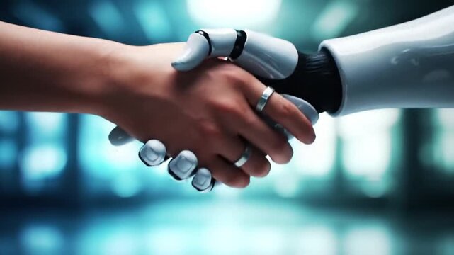 Human and robot handshake symbolizes future collaboration and innovation in technology