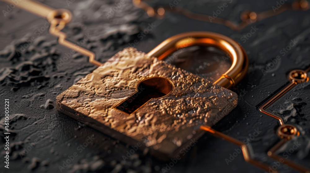 Poster close up view of textured golden padlock resting dark, abstract surface, symbolizing security and pr
