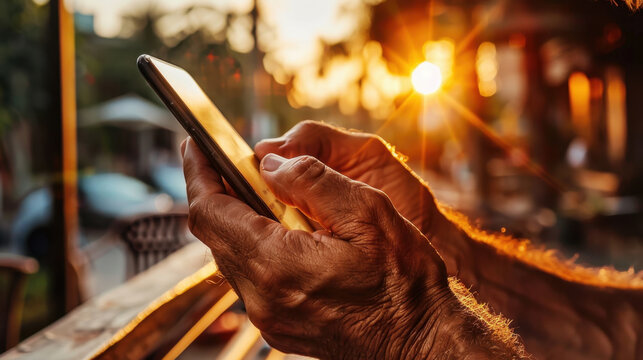 Person using smartphone outdoors during sunset, with warm sunlight creating beautiful glow. scene captures moment of connection and tranquility - Powered by Adobe