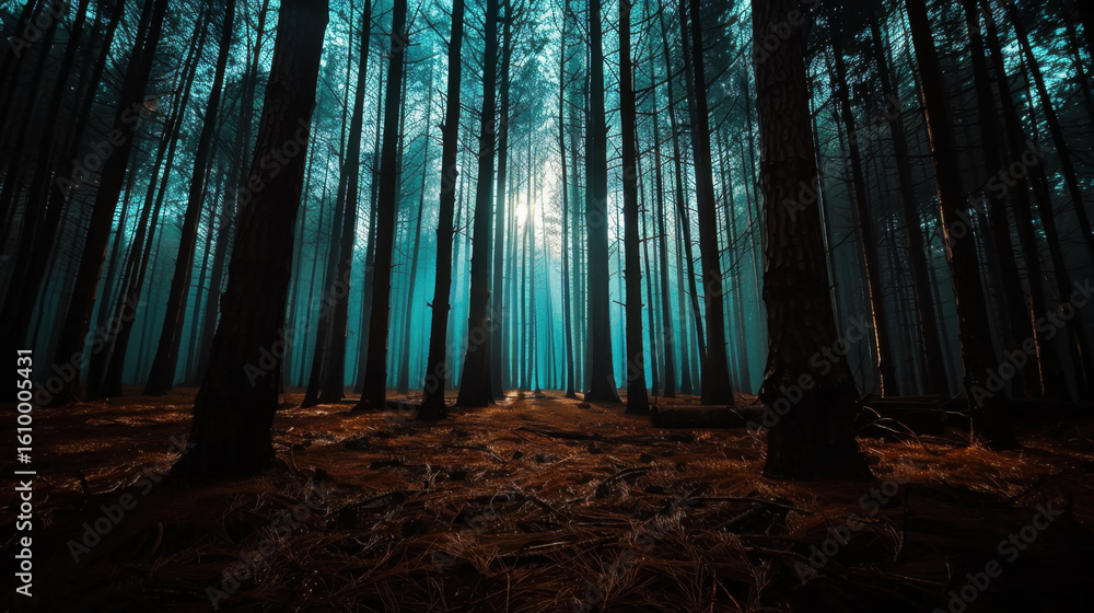 Aufkleber moody forest scene featuring tall trees shrouded in fog, with soft light filtering through branches,