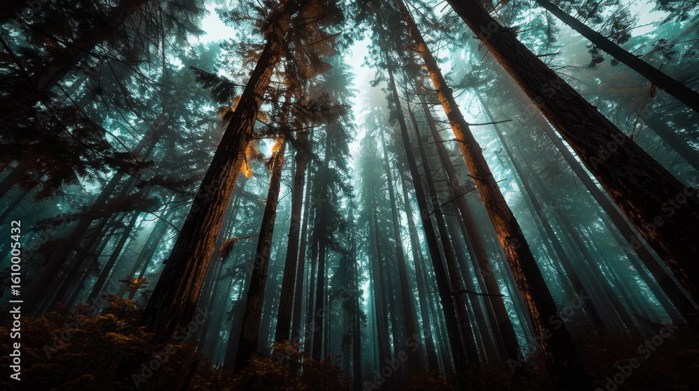 Poster moody forest background with shadowed trees and fog creates enchanting atmosphere. tall trees stretc