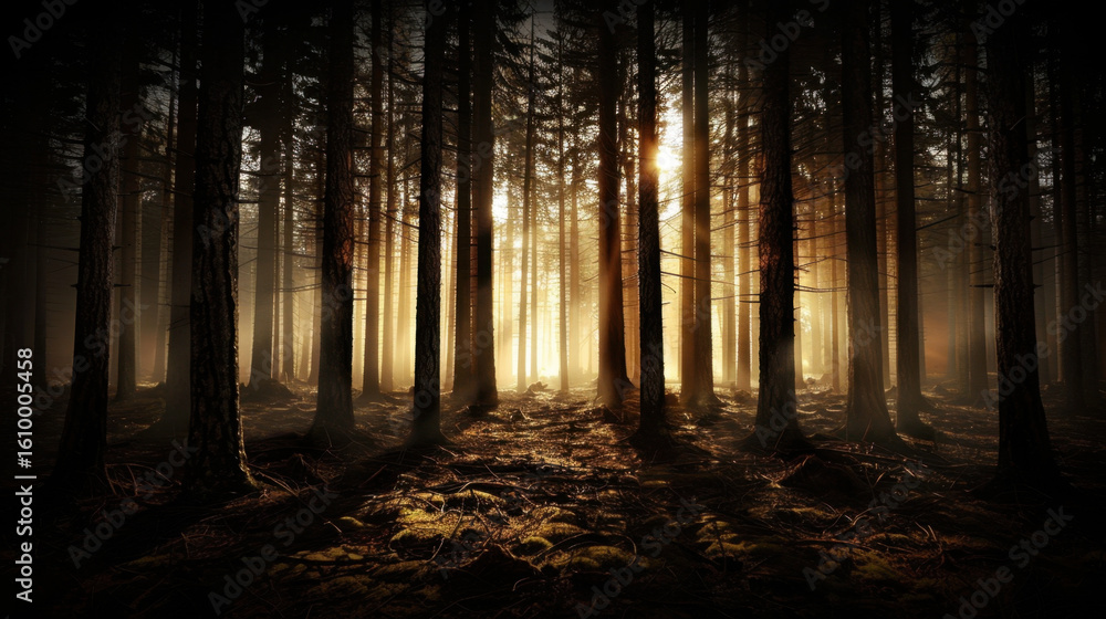 Poster moody forest background with shadowed trees and fog creates enchanting atmosphere, where sunlight fi