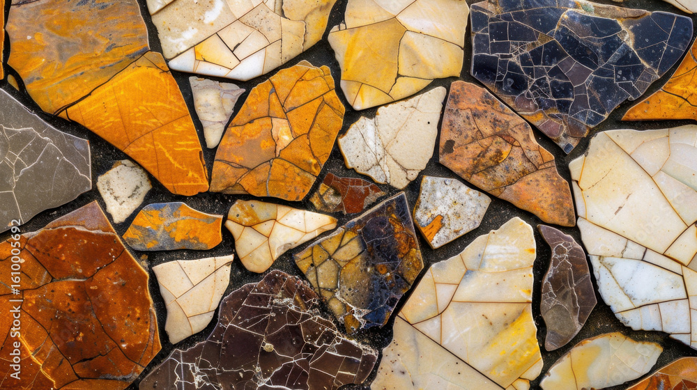 Poster mosaic tile texture with random patterns and colors, featuring earthy tones of brown, orange, and bl