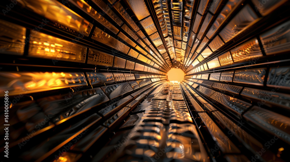 Poster mesmerizing view of tunnel like structure, showcasing intricate patterns and textures with warm gold