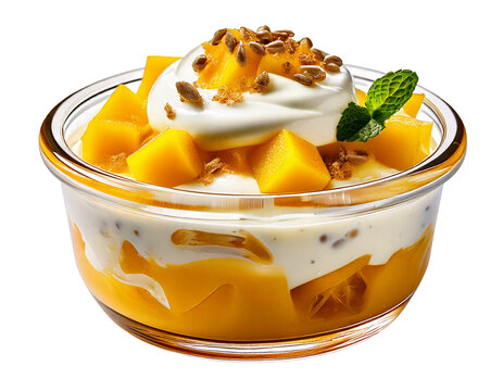 Delicious dessert featuring fresh mango, creamy yogurt and passion fruit, presented in a gla png