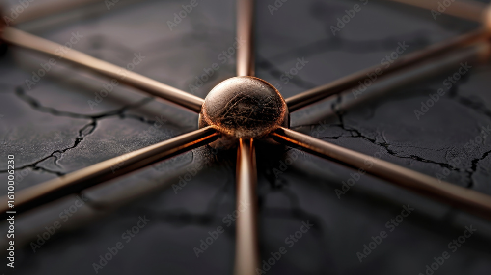 Poster close up view of metallic node connected by lines on textured surface, symbolizing connectivity and 