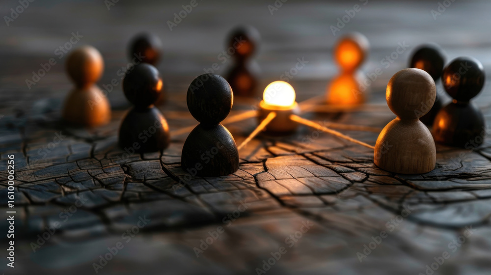 Poster wooden figures arranged in circle around glowing light source create warm and inviting atmosphere. c
