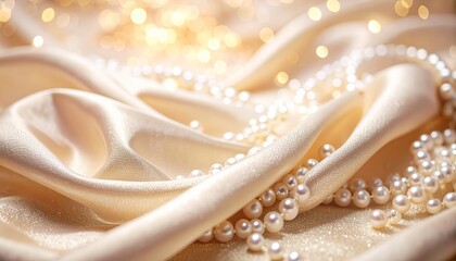 Cream Silk Fabric with Pearl Ornament and Golden Bokeh Lights