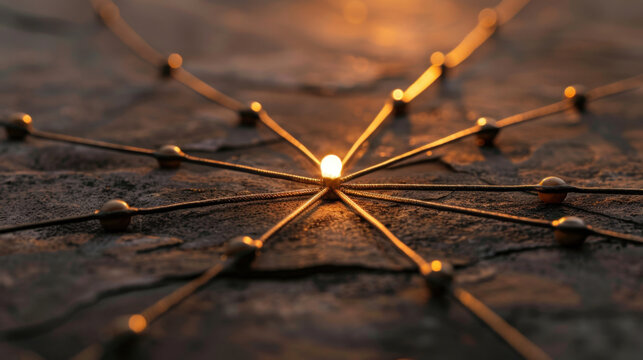 Close up view of interconnected lines radiating from central point, creating network like structure. warm glow of light highlights connections, evoking sense of unity and collaboration