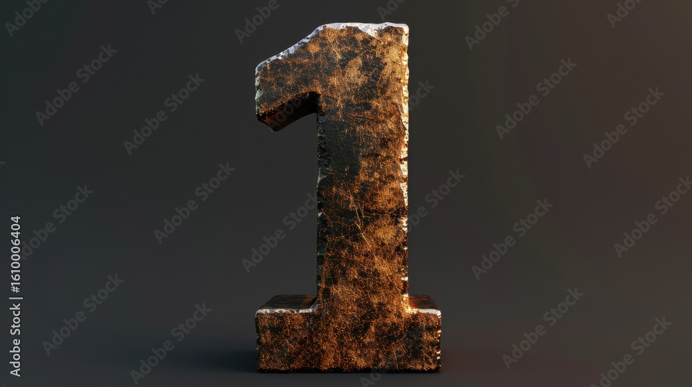 Poster large, textured number one made of metallic material with rustic finish, showcasing unique design an