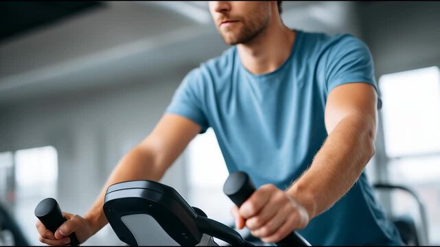 Man exercise stationary bike blue shirt gym fitness workout healthy lifestyle motivation focused determined modern fitness center cardio indoor training elliptical machine bright environment