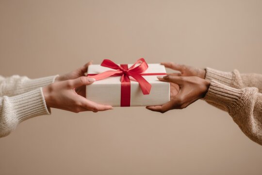 Gifting moment concept with hands passing ribbon-wrapped item, bright neutral backdrop 
