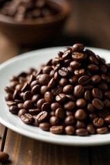Fototapeta premium Dark brown coffee beans piled high on white plate, high angle, dark