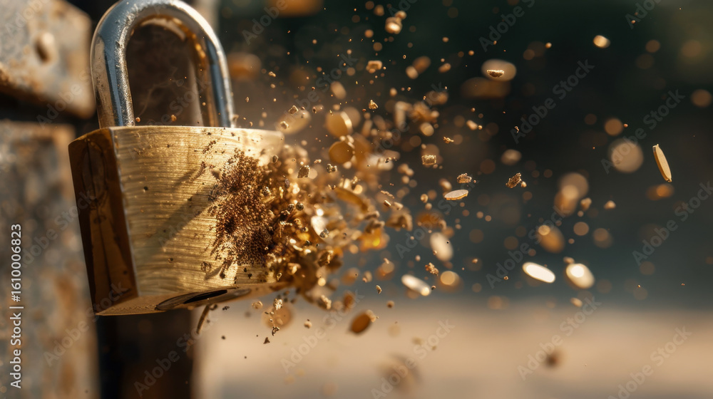 Poster padlock is exploding into fragments, symbolizing security being breached. scene captures moment of i
