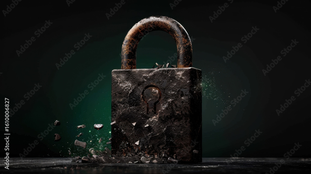 Poster rusty padlock is exploding into fragments, symbolizing release of information or secrets. dark backg