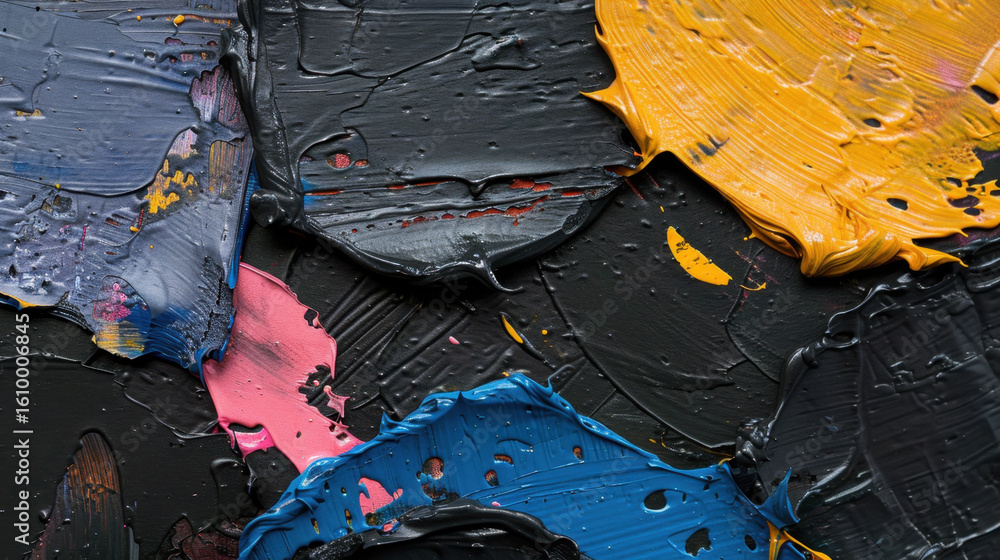 Poster thick textured paint strokes on canvas create vibrant and dynamic composition, showcasing mix of col