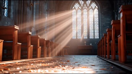 Sunlight streams through stained glass window, illuminating empty wooden pews and scattered autumn leaves on floor of peaceful, historic church interior, with wood details and serene atmosphere - Powered by Adobe
