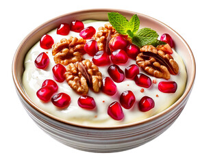 Delightful bowl filled with creamy yogurt, vibrant pomegranate seeds, crunchy walnuts and a png