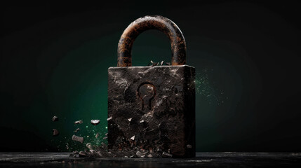Rusty padlock is exploding into fragments, symbolizing release of information or secrets. dark background enhances dramatic effect, creating sense of mystery and intrigue