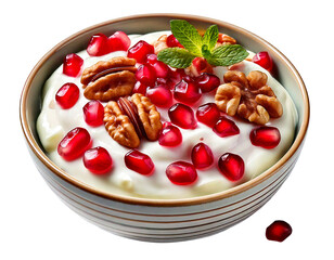 Delightful bowl filled with creamy yogurt, vibrant pomegranate seeds, crunchy walnuts and a png