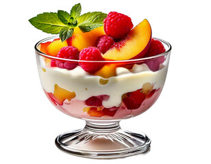 Delightful dessert presentation shows fresh peaches, raspberry, basil, and creamy yogurt in png