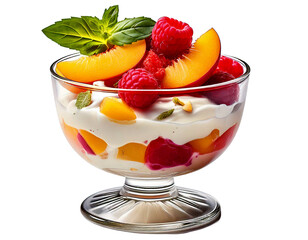 Delightful dessert presentation shows fresh peaches, raspberry, basil, and creamy yogurt in png