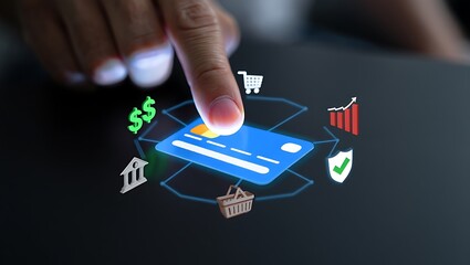 Naklejka premium Digital banking concept finger touching credit card with online shopping cart dollar sign and graph icons modern financial technology illustration