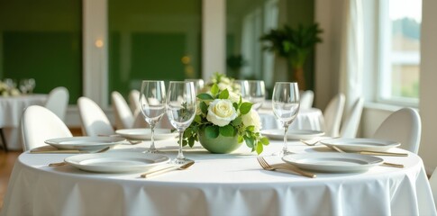 Elegant white tablecloth, green foliage centerpieces, linen, event, table