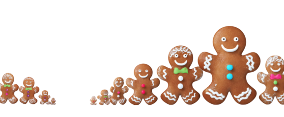 Delightful family of gingerbread cookies arranged by size, showcasing festive holiday cheer and homemade sweetness, perfect for seasonal promotions and heartwarming celebrations