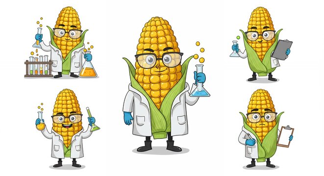 Cartoon corn cob scientists set