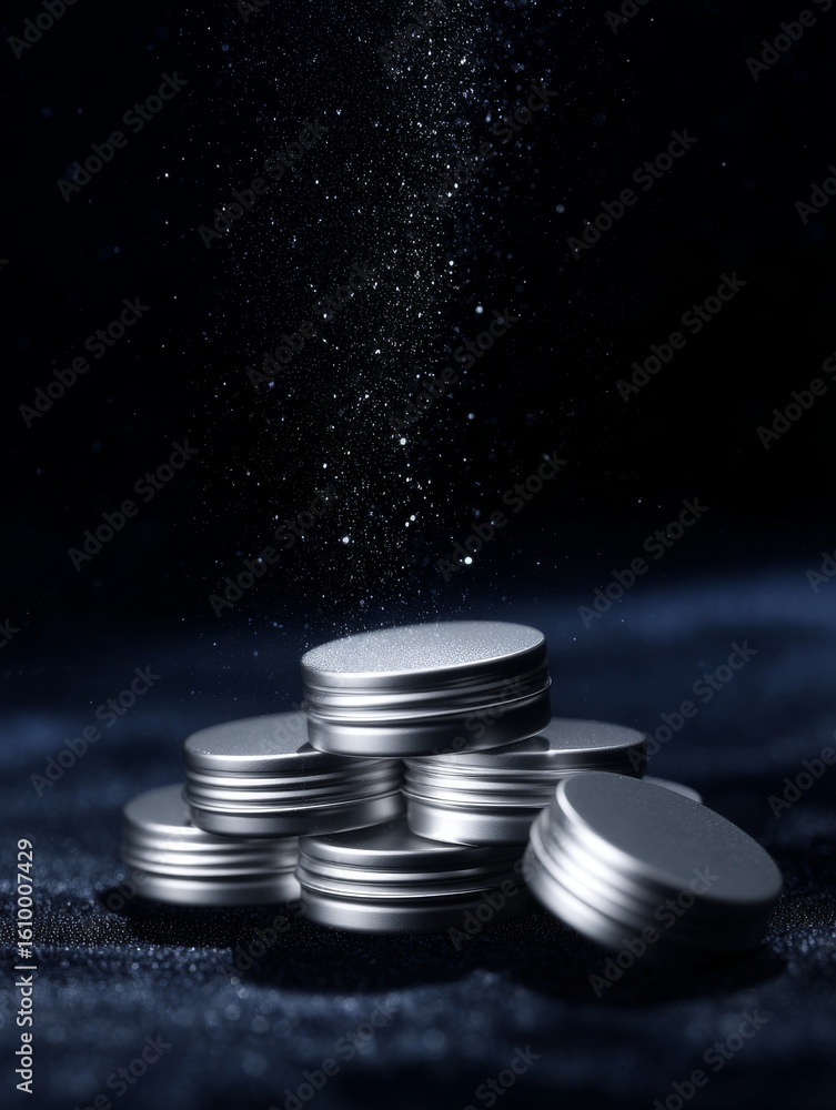Poster this image features a stack of shiny metallic coins with a dark background. the photo captures the e