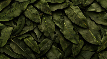 Fototapeta premium Lush green leaves create beautiful pattern of overlapping foliage, showcasing rich texture and vibrant color. This natural arrangement evokes sense of tranquility and connection to nature