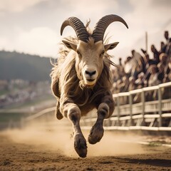 A mountain goat sprinting on the track, capturing the raw energy and competitive spirit of the race. Its horns curve majestically, and the dust rises with its every leap, offering a visual spectacle