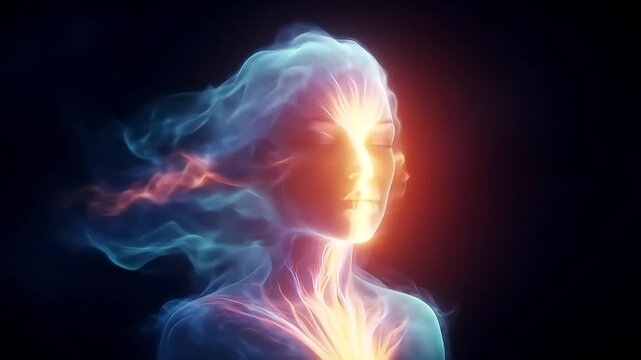 Ethereal female figure composed of vibrant blue and red energy, symbolizing spiritual awakening and the power of the soul.