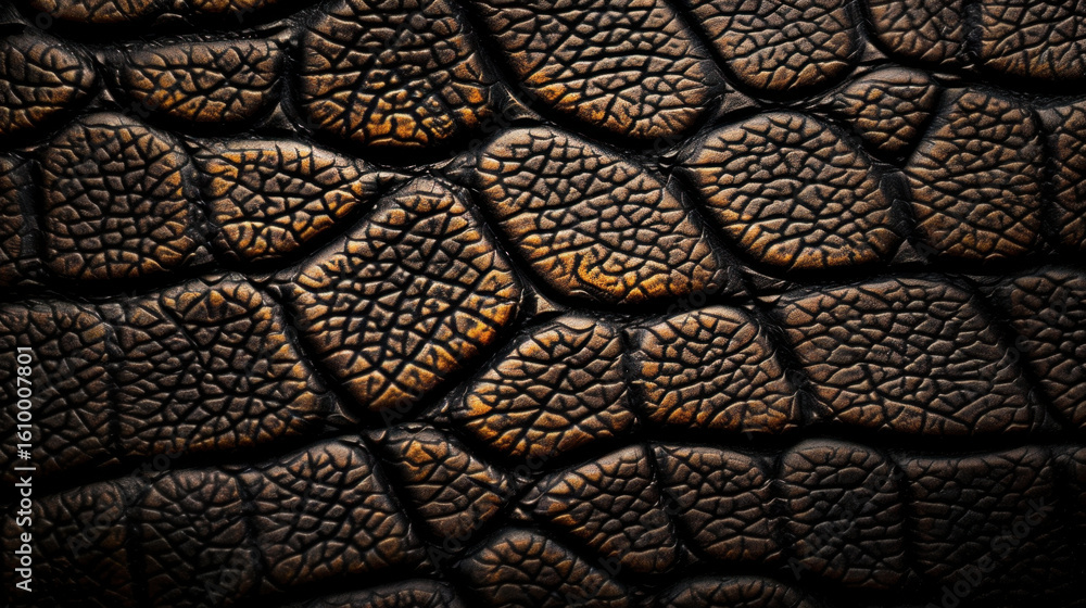 Poster textured leather surface with rich, dark brown color and intricate patterns, showcasing unique pebbl