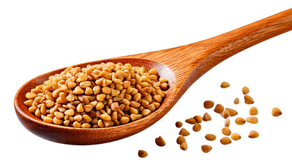 Fenugreek full image of wooden spoon isolated on white background as transparent. PNG. 