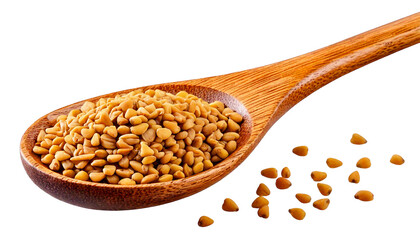 Fenugreek full image of wooden spoon isolated on white background as transparent. PNG. 