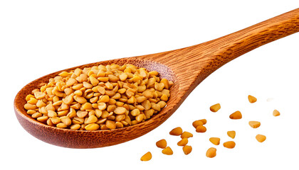 Fenugreek full image of wooden spoon isolated on white background as transparent. PNG. 