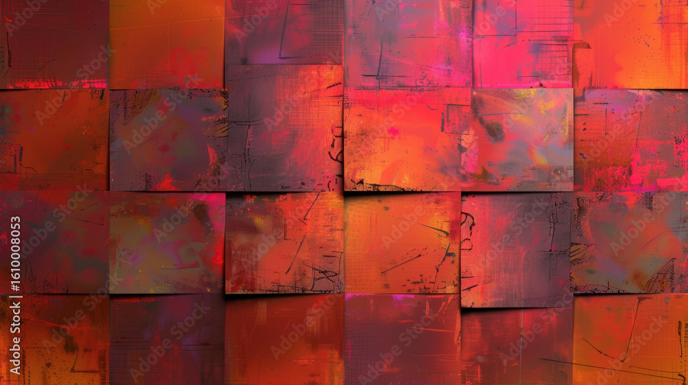 Poster vibrant abstract digital texture featuring grid of colorful squares in shades of red, orange, and pu