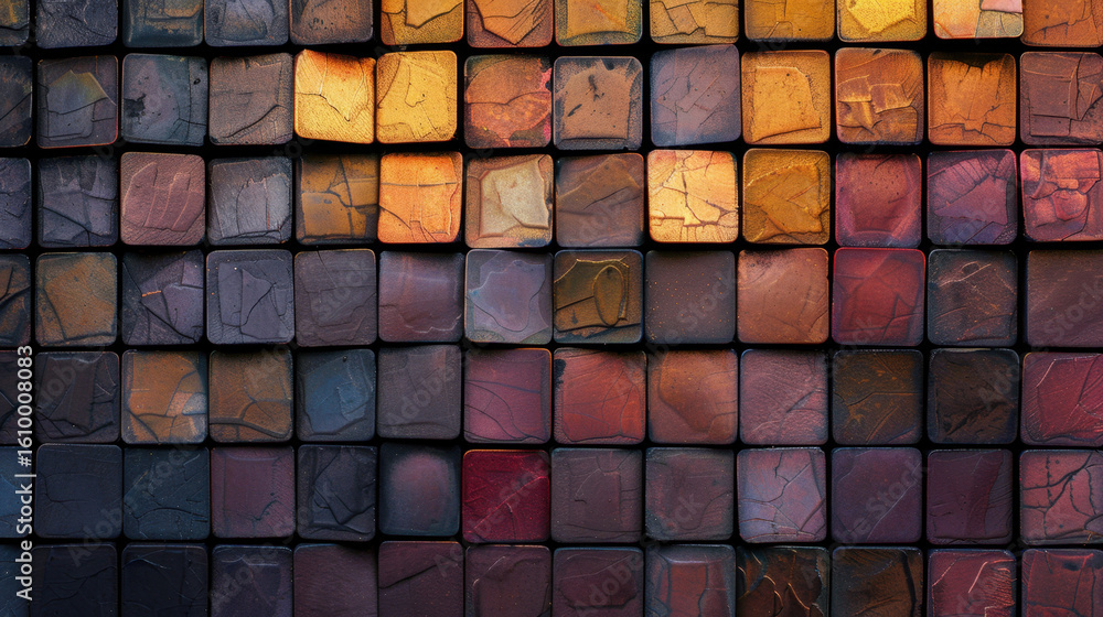 Poster colorful square tiles arranged in grid pattern create vibrant and textured surface. warm hues of ora