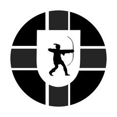 Circle badge Nottinghamshire flag button vector illustration isolated. County in England. United Kingdom. Emblem banner Nottinghamshire flag roundel sticker. Medieval archer in hunt silhouette shape.