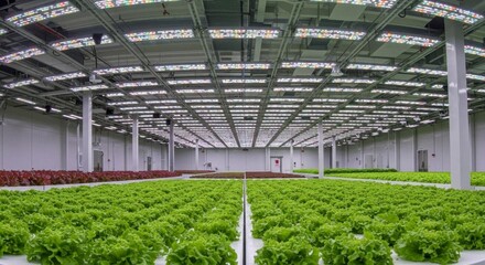 Indoor Vertical Farm with LED Lighting and Rows of Growing Lettuce, Agriculture.