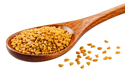 Fenugreek full image of wooden spoon isolated on white background as transparent. PNG. 